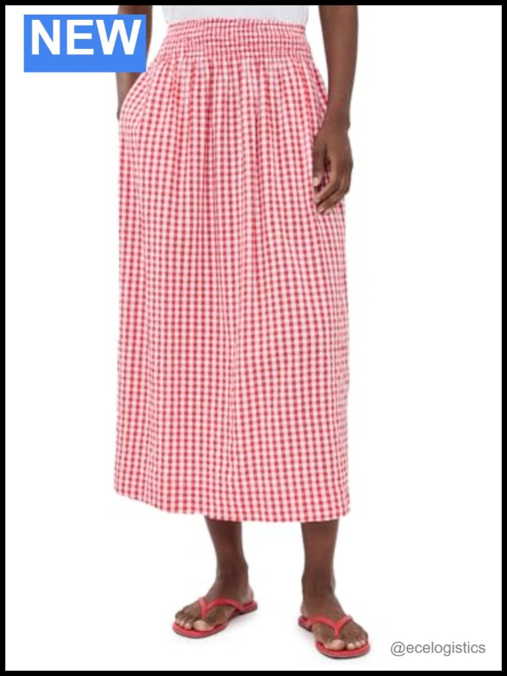 Women's Gingham Midi Skirt Seersucker Smocked Elastic Waist